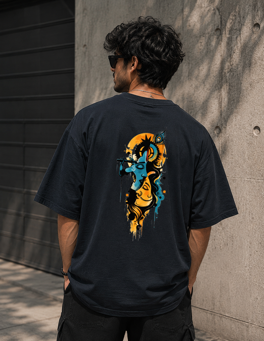Divine Radha Krishna Abstract Oversized T-Shirt - Graphic Back Print