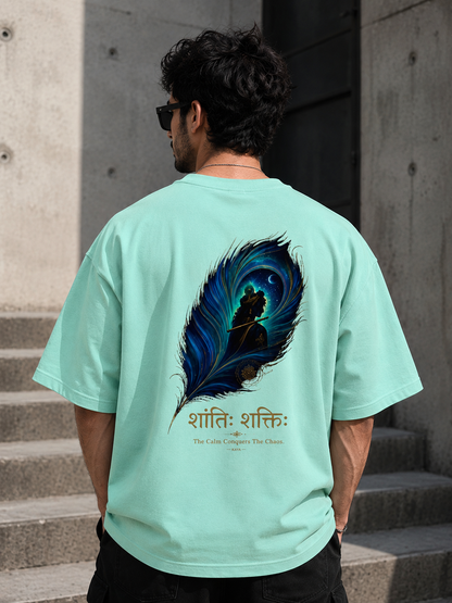 Cosmic Krishna Peacock Feather Oversized T-Shirt - Graphic Back Print