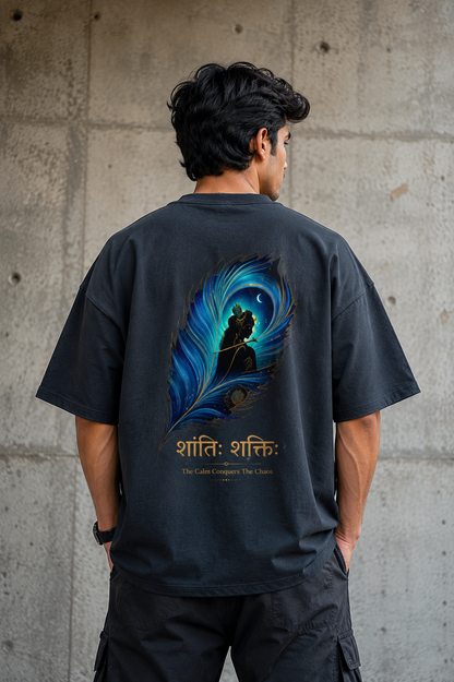 Cosmic Krishna Peacock Feather Oversized T-Shirt - Graphic Back Print